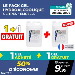 PACK GEL HYDROALCOOLIQUE ELIGEL A - 5 L - GRATUIT 1 + 1