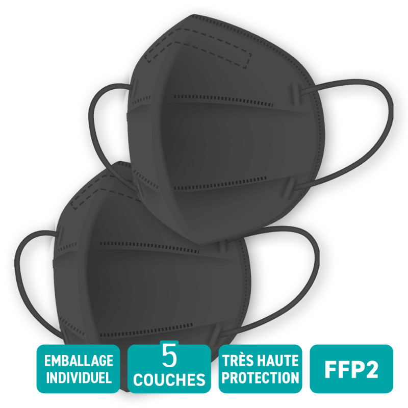 20 pièces masque FFP2 noir 5 couches, certifié selon DIN EN149: 2001 + A1:  2009, demi-masque filtrant les particules, masque de protection FFP2, Technologie de sécurité