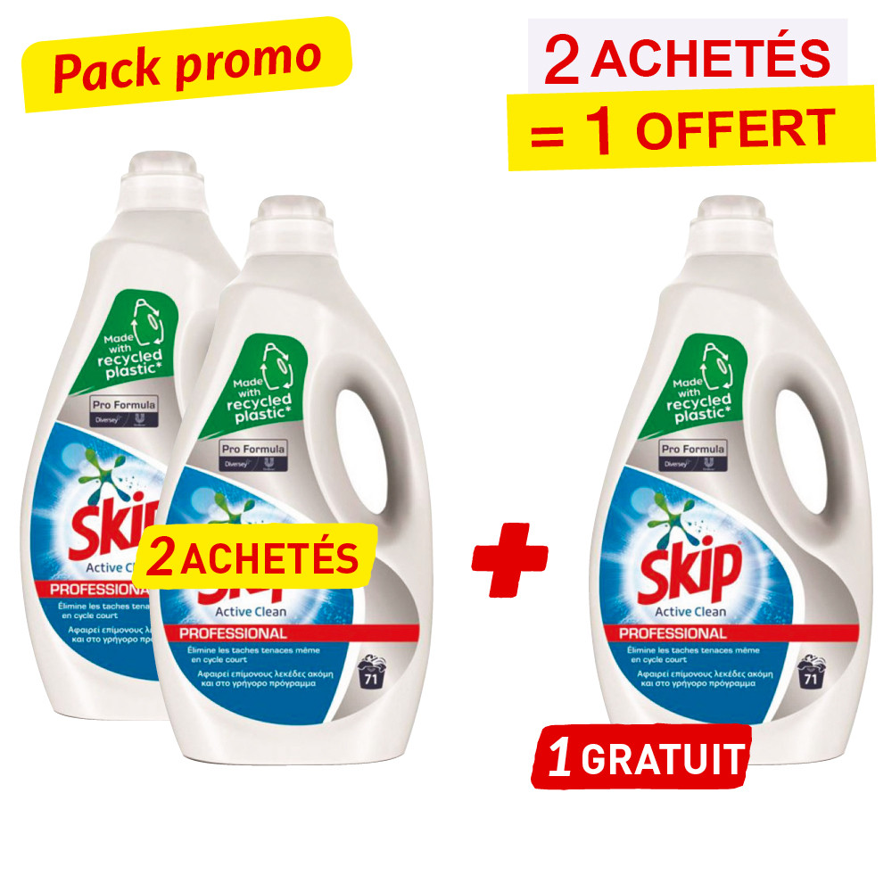 Pack lessive liquide skip professional active clean 2 achetes + 1 offert -  Drexco Médical