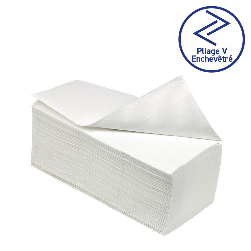 Essuie-mains en pure ouate blanc plié en V 2 plis (21 x 22 cm
