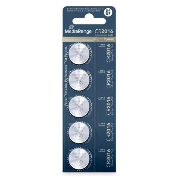 PILES BOUTON LITHIUM CR2016 3 V TENSION STABLE MEDIARANGE - lot de 5 piles