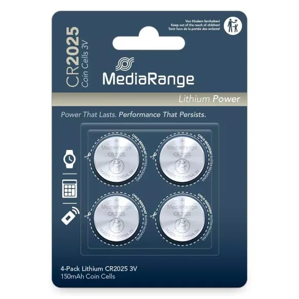 PILES BOUTON AU LITHIUM CR2025 3 V MEDIARANGE - LOT DE 4 PILES
