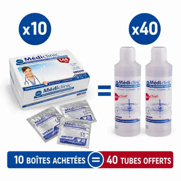PACK PROTECTIONS SONDES NON LUBRIFIÉES + GEL ÉCHOGRAPHIQUE MEDI’GEL MEDICLINIC - x10 + 40 offerts