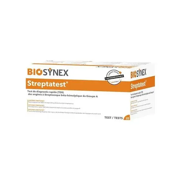 TEST ANGINE STREPTATEST RÉSULTAT 5 MIN BIOSYNEX - boîte de 25 tests