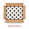 Vue de dessus d'un carton de 12 rouleaux de draps d'examen ouatés blancs – 150 formats par rouleau
