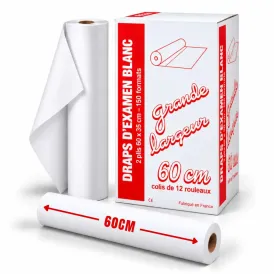 Draps d'examen ouatés grande largeur blancs 60 x 35 cm – carton de 12 rouleaux de 150 formats