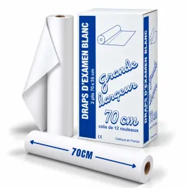 Draps d'examen ouatés grande largeur blancs 70 x 35 cm – carton de 12 rouleaux de 150 formats