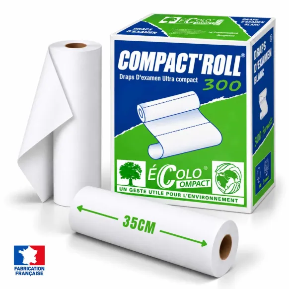Draps d'examen ouatés Compact'Roll blancs 35 x 50 cm – carton de 6 rouleaux de 300 formats avec label écologique européen