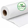 Rouleau de drap d'examen Compact'Roll blanc légèrement déroulé – détail de la texture ouatée 2 plis avec label écologique