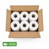 Vue de dessus d'un carton de 6 rouleaux de draps d'examen ouatés blancs Compact'Roll – 300 formats par rouleau