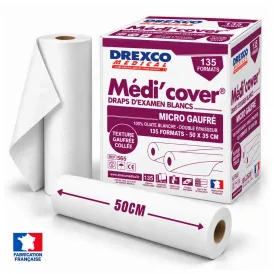 Draps d'examen ouatés micro-gaufrés Médi'cover blancs 50 x 35 cm – carton de 9 rouleaux de 135 formats