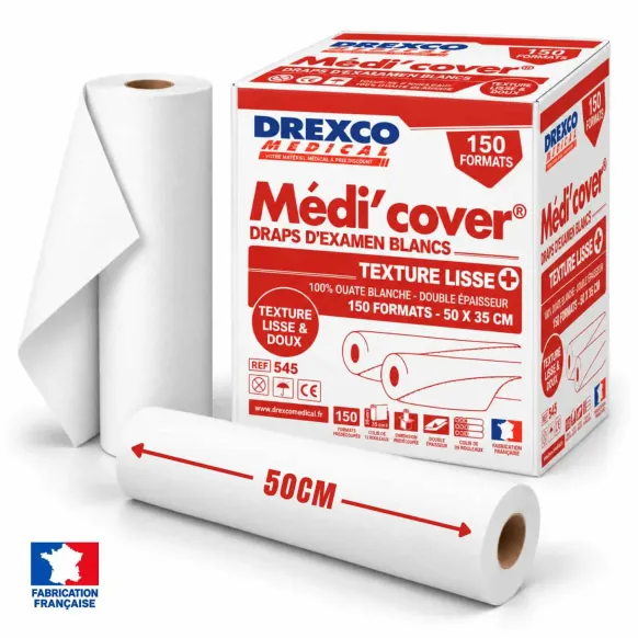 Draps d'examen Médi'cover blancs en pure ouate de cellulose 2 plis 50 x 35 cm – carton de 12 rouleaux de 150 formats