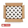 Vue de dessus d'un carton de 12 rouleaux de draps d'examen Médi'cover blancs – 150 formats prédécoupés par rouleau