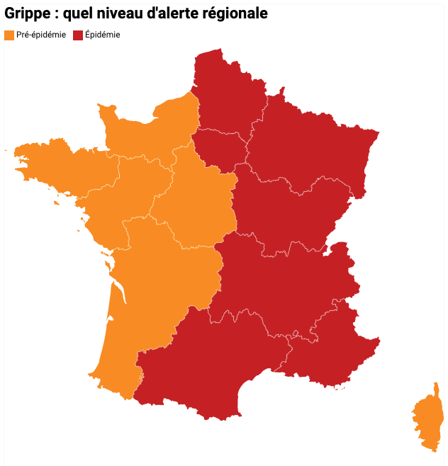 Carte épidémiologique de la grippe en France.