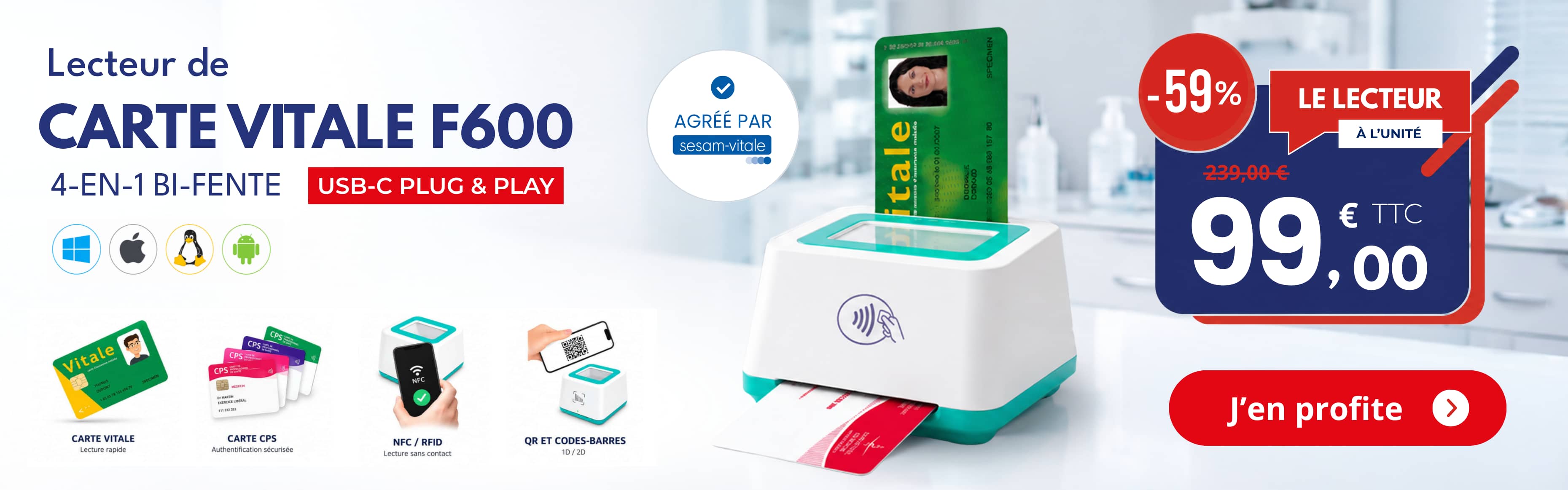 Lecteur de carte Vitale et CPS bi-fente 4 en 1 F600 avec NFC et QR code en promotion