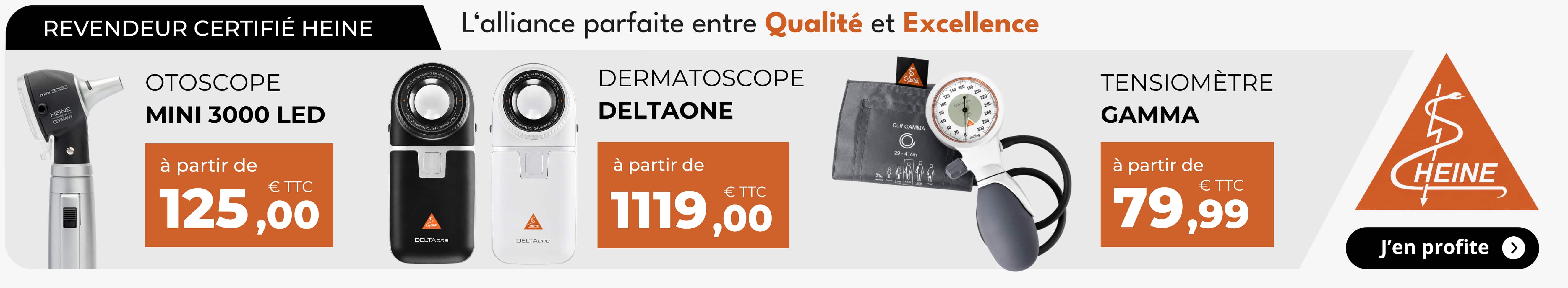 Gamme de diagnostic HEINE – otoscope MINI 3000, dermatoscope DELTA ONE et tensiomètre GAMMA. Revendeur certifié HEINE.