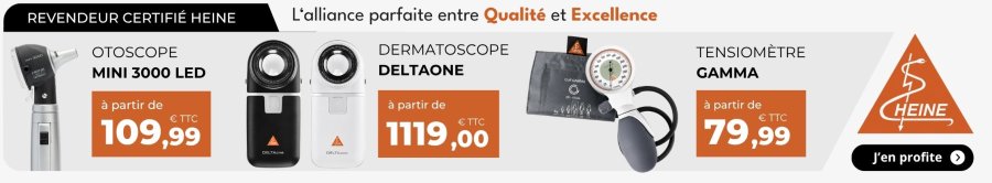 Gamme de diagnostic HEINE – otoscope MINI 3000, dermatoscope DELTA ONE et tensiomètre GAMMA. Revendeur certifié HEINE.